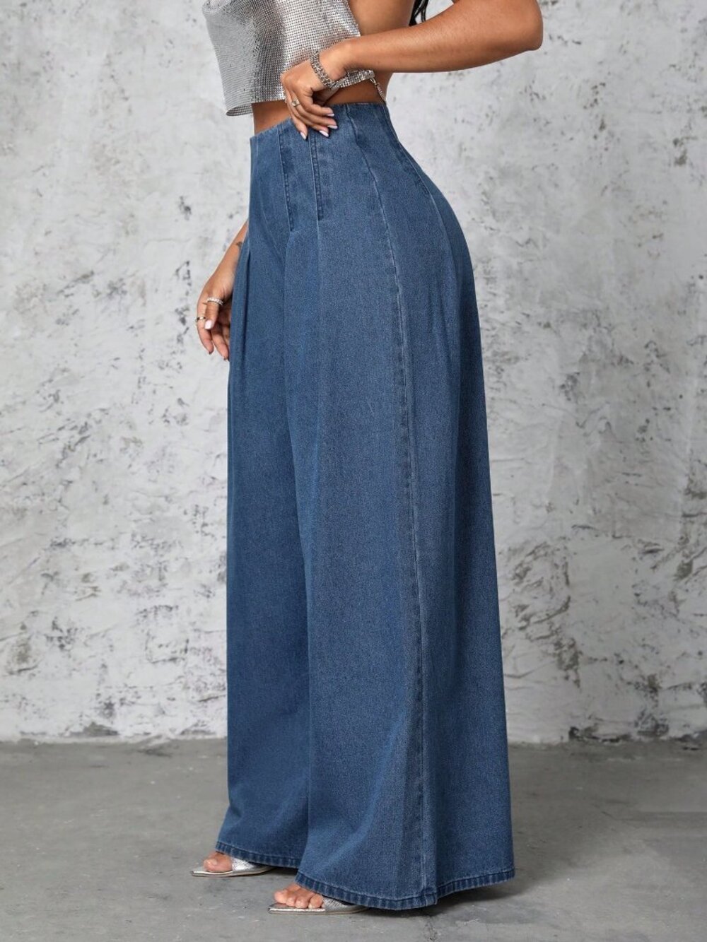 Blue Casual Women's Pleated Wide Leg Denim Pants